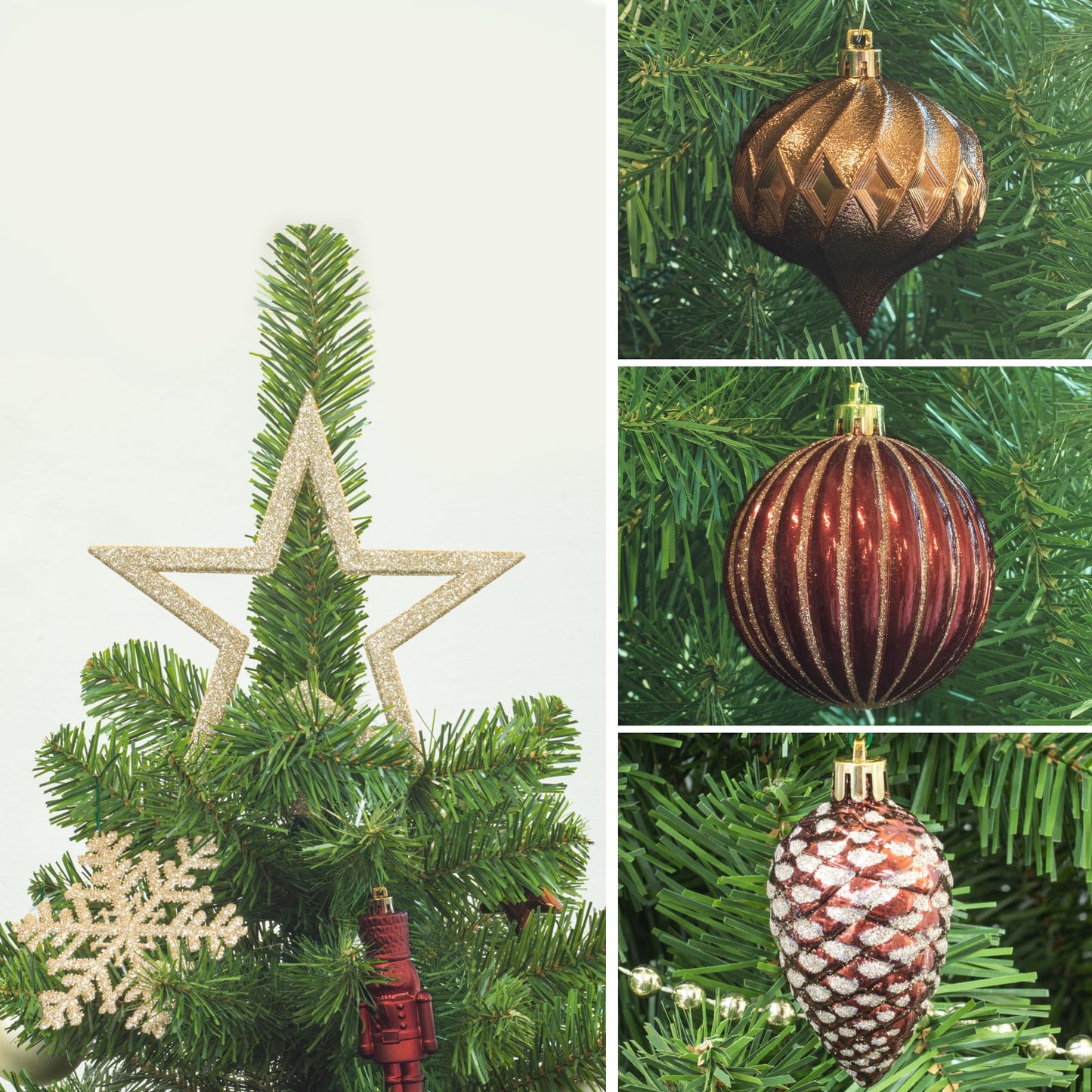 ITART 101pcs Christmas Tree Ornaments Assortment Burgundy Brown Champagne Gold Including Star Tree Topper Balls Nutcracker Figurines Snowflakes Poinsettia Flowers Bead Garland for Christmas Tree Decor