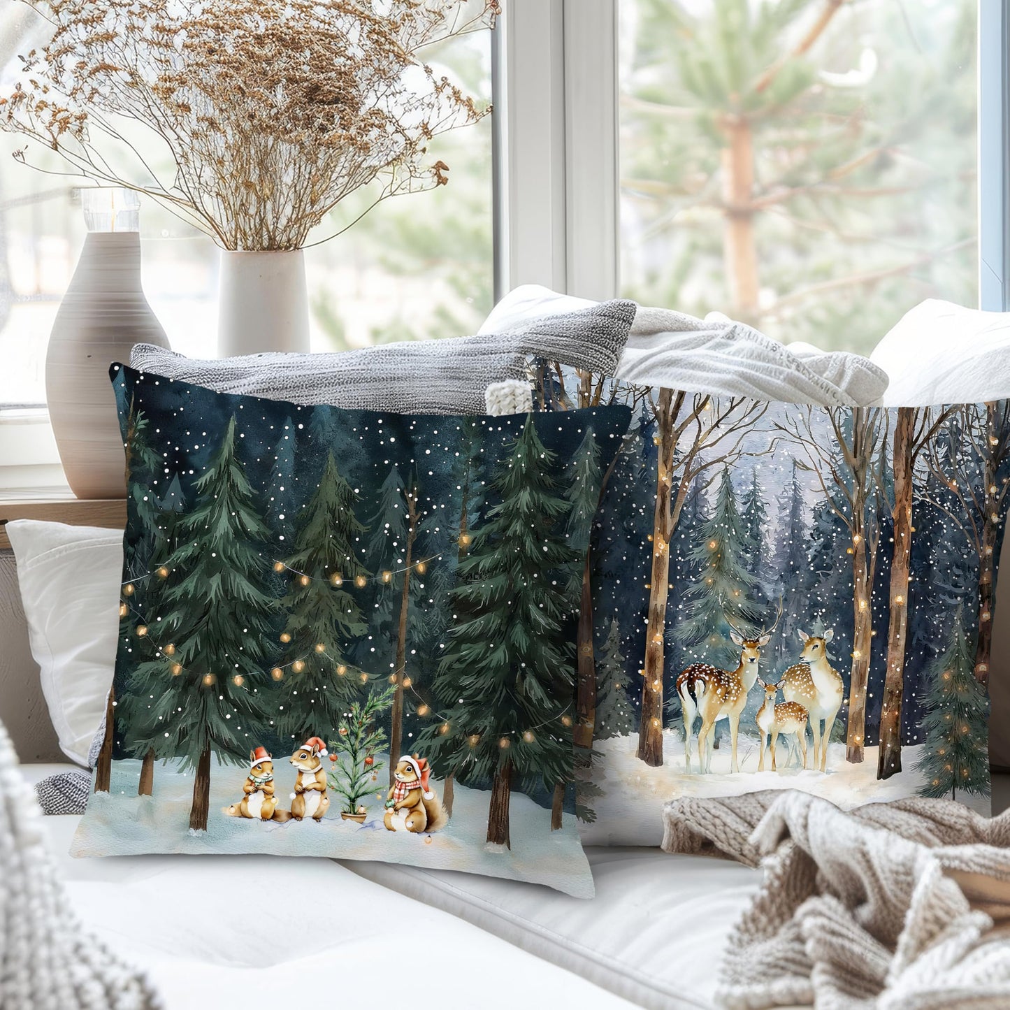 Nipil Christmas Winter Reindeer Squirrel Fox Bear Forest Pillow Covers 18x18 Set of 4,Rustic Christmas Xmas Animal Forest Winter Decorative Throw Pillow Covers for Home Bedroom Living Room