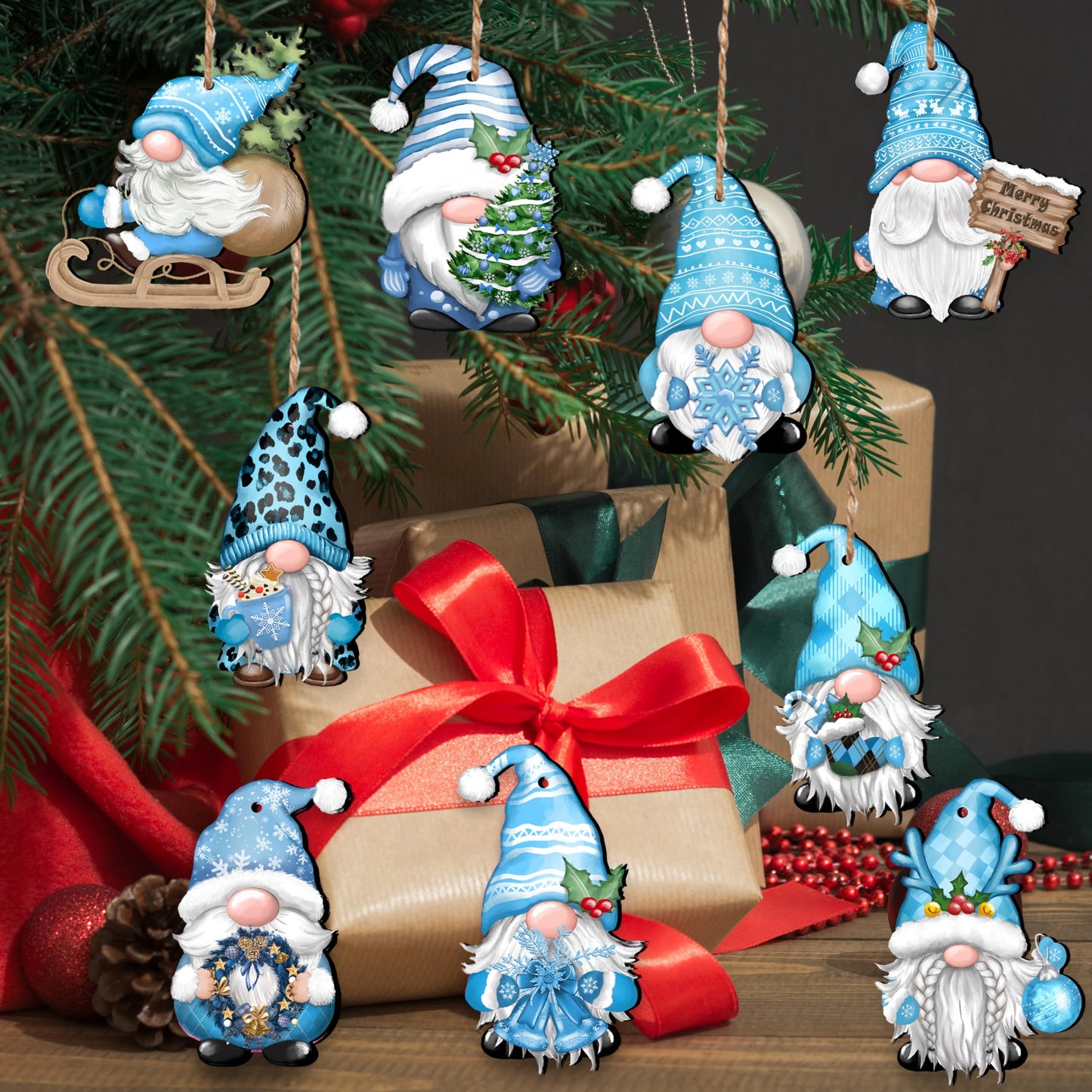 24 Pieces Christmas Gnome Wooden Hanging Ornaments, Wood Decor for Tree Decoration, Santa Doll Craft, Elf Party Supplies (Xmas-Gnomes-C)