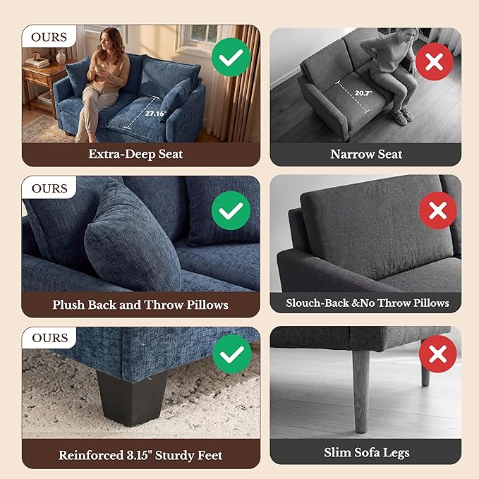 Loveseat Sofa with Cloud 3-Layer Cushion & 27" Deep Seat, Modern Small Couch
