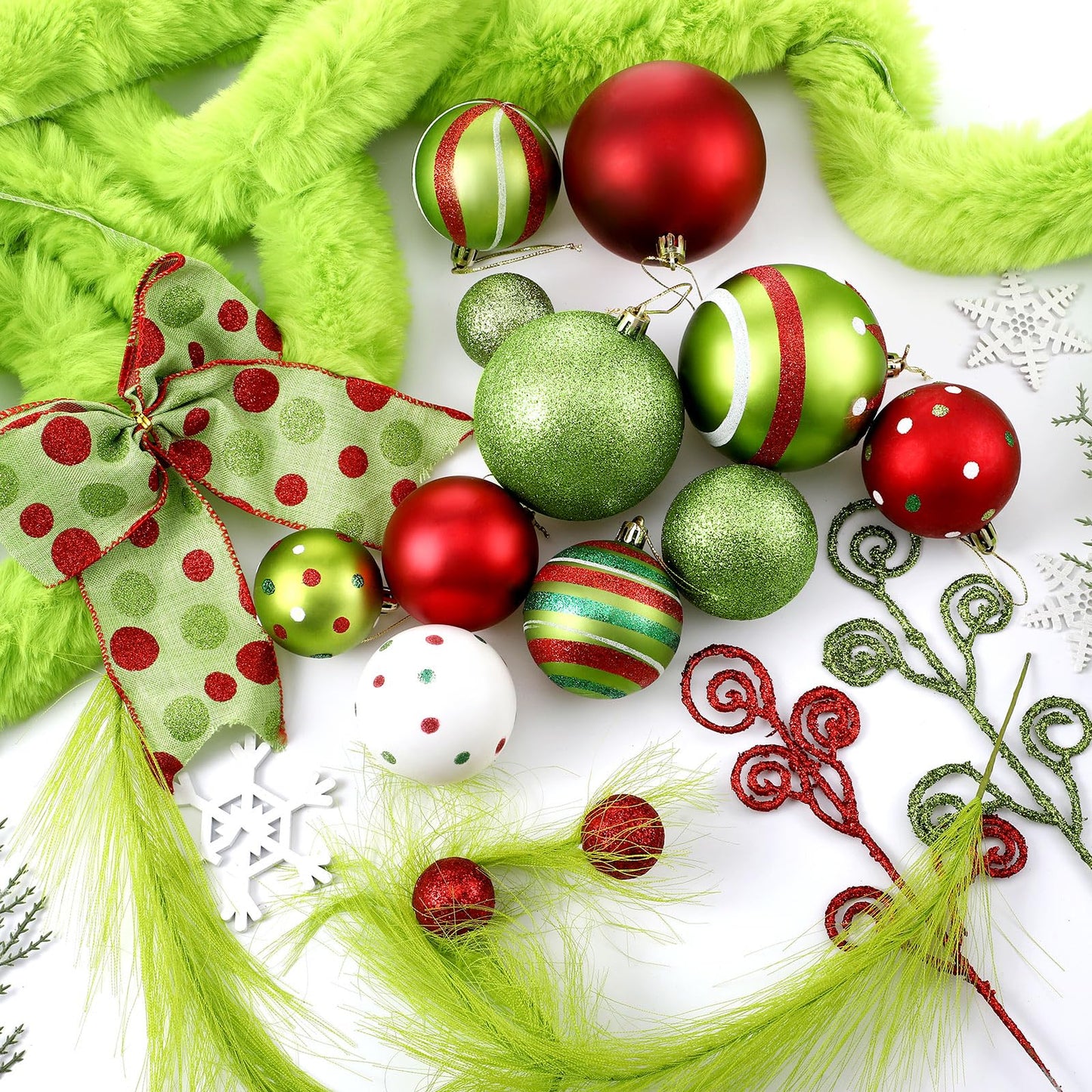 Leitee 109 Pcs Christmas Tree Decorations Lime Green Red Peppermint Candy Ball Ornaments Elf Christmas Tree Picks Swirl Glitter Xmas Stems Polka Dots Bow Home Faux Fur Ribbon for Holiday Party Decor