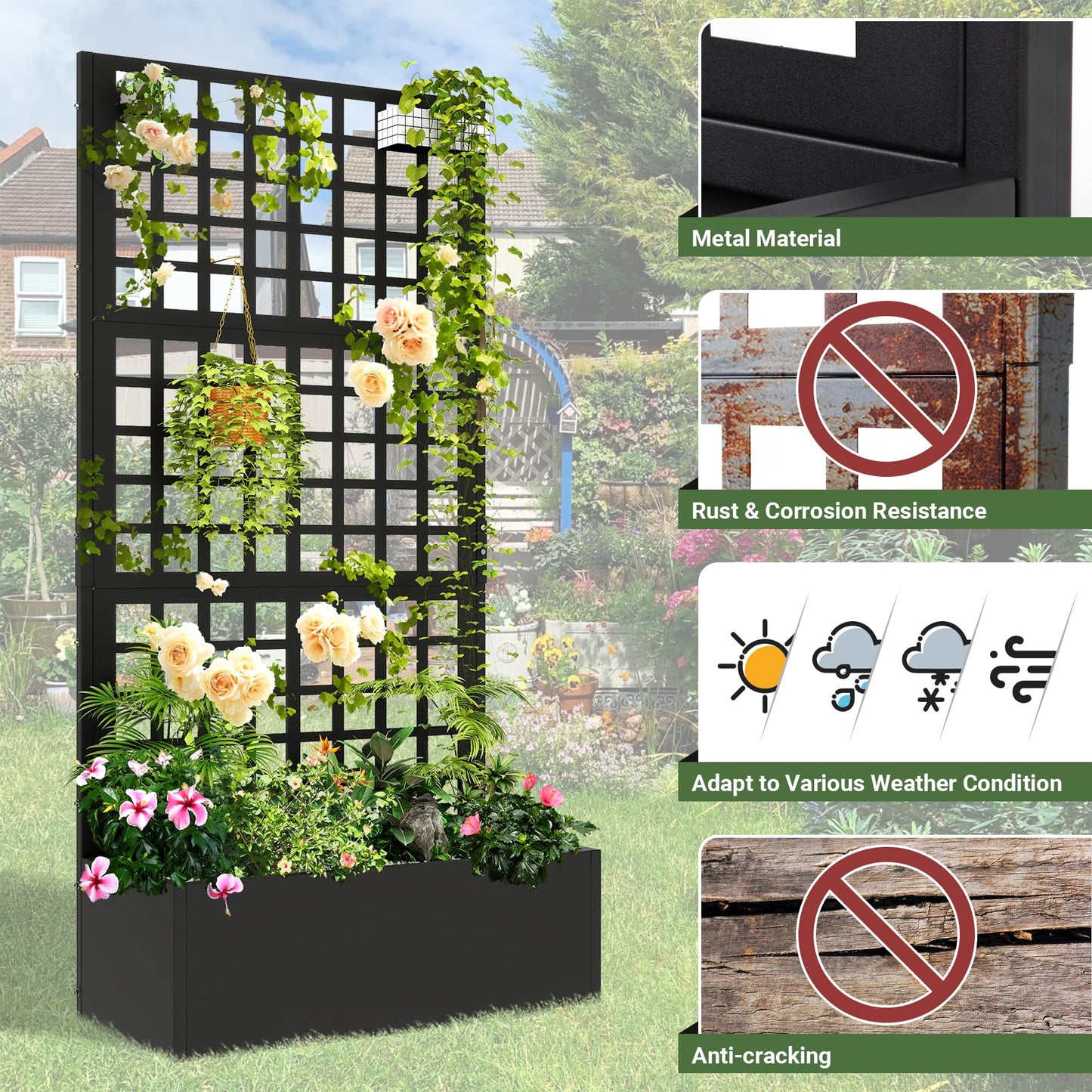 Toriexon Metal Planter with Trellis 72" x 36’’ x 16", Raised Garden Bed with Trellis, Planter Box with Privacy Screen for Climbing Plants, Flowers, Vegetables, Fruits