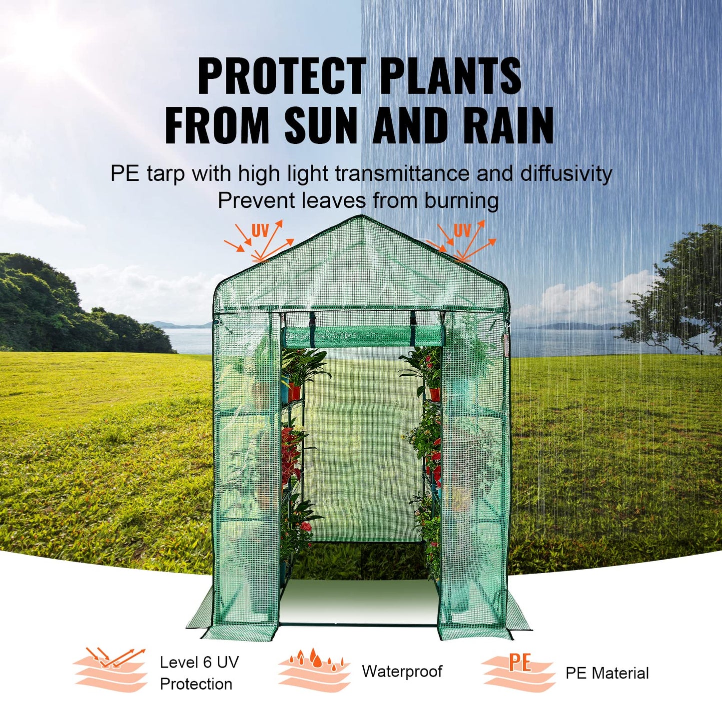 VEVOR Walk-in Green House, 55.5 x 55.5 x 78.7 inch, Portable Greenhouse with Shelves, High Strength PE Cover with Roll-up Zipper Door and Steel Frame, Set Up in Minutes, for Planting and Storage