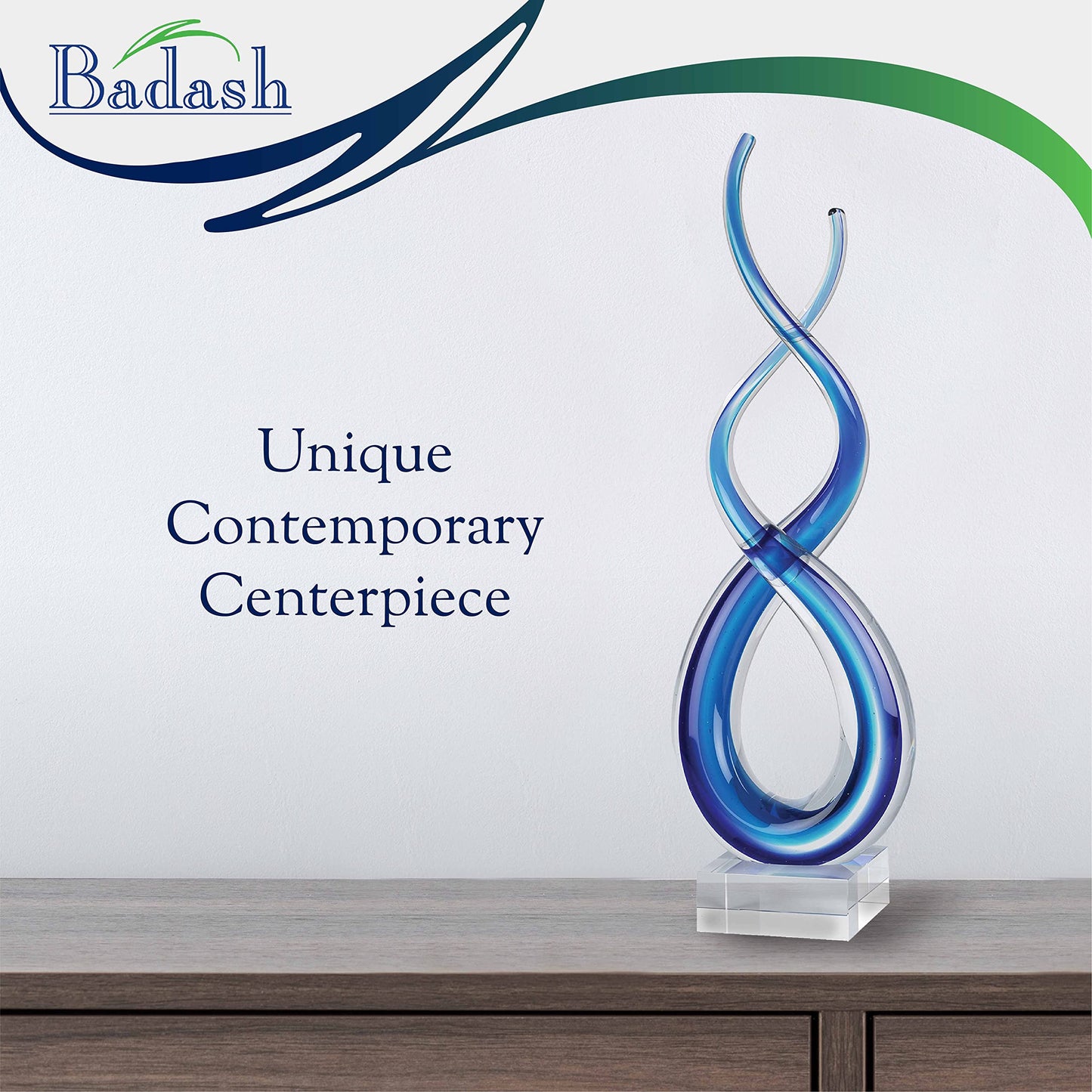 Badash Blue Murano-Style Glass Sculpture - 9'' Wave Art on Crystal Base - Handmade Home Decor