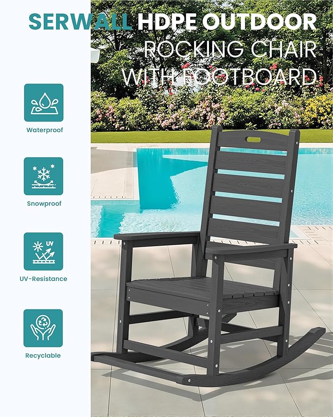 SERWALL Outdoor Rocking Chair Set of 2, Oversized Rocking Chair with Footboard for Adults, HDPE All Weather Resistant Rocking Chairs for Patio, 350lbs Weight Capacity, Gray