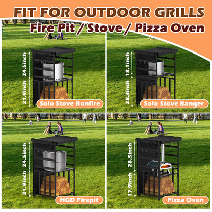 MOASKER Firewood Storage Rack for Solo Stove Bonfire Ranger Yukon Fire Pit Accessories, Black Steel with Powder Coated Finish, Adjustable Shelves, Waterproof Cover, 29.9" x 25.6" x 52.9"