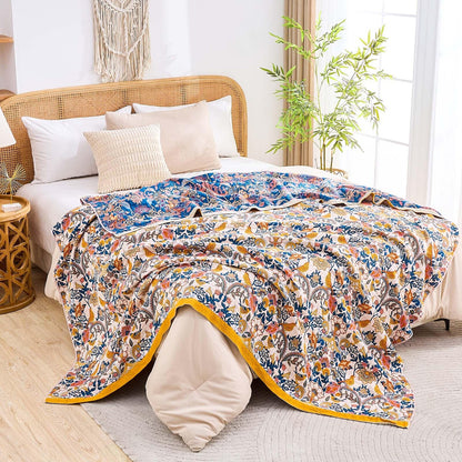 XIBLC Boho Blanket Throw Quilt, 100% Cotton Soft Light Weight Throw Blankets for Summer, 60"x80" Farmhouse Flower Decorative Blankets, All Season Rustic Reversible Bohemian Throw Quilt