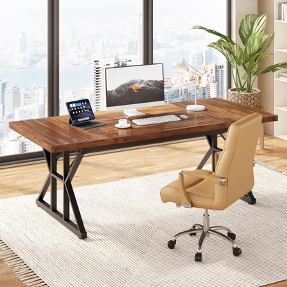 LITTLE TREE 70.8-Inch Office Desk, Wooden Executive Office Desk, Modern Work Desk, Large Farmhouse Writing Table Computer Desk for Home, Brown-Black
