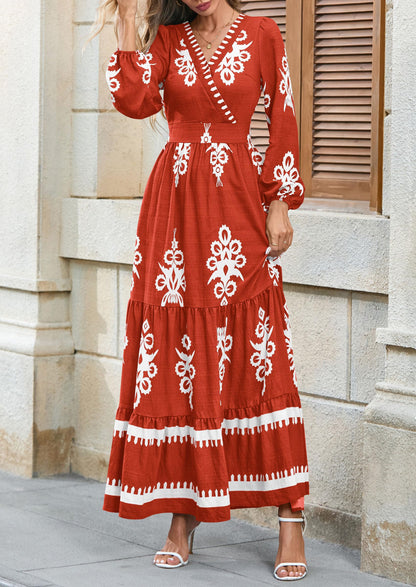 PRETTYGARDEN Women's 2025 Fall Wedding Guest Dresses Boho Floral Long Sleeve V Neck Flowy Elegant Maxi Dress Beach Clothes