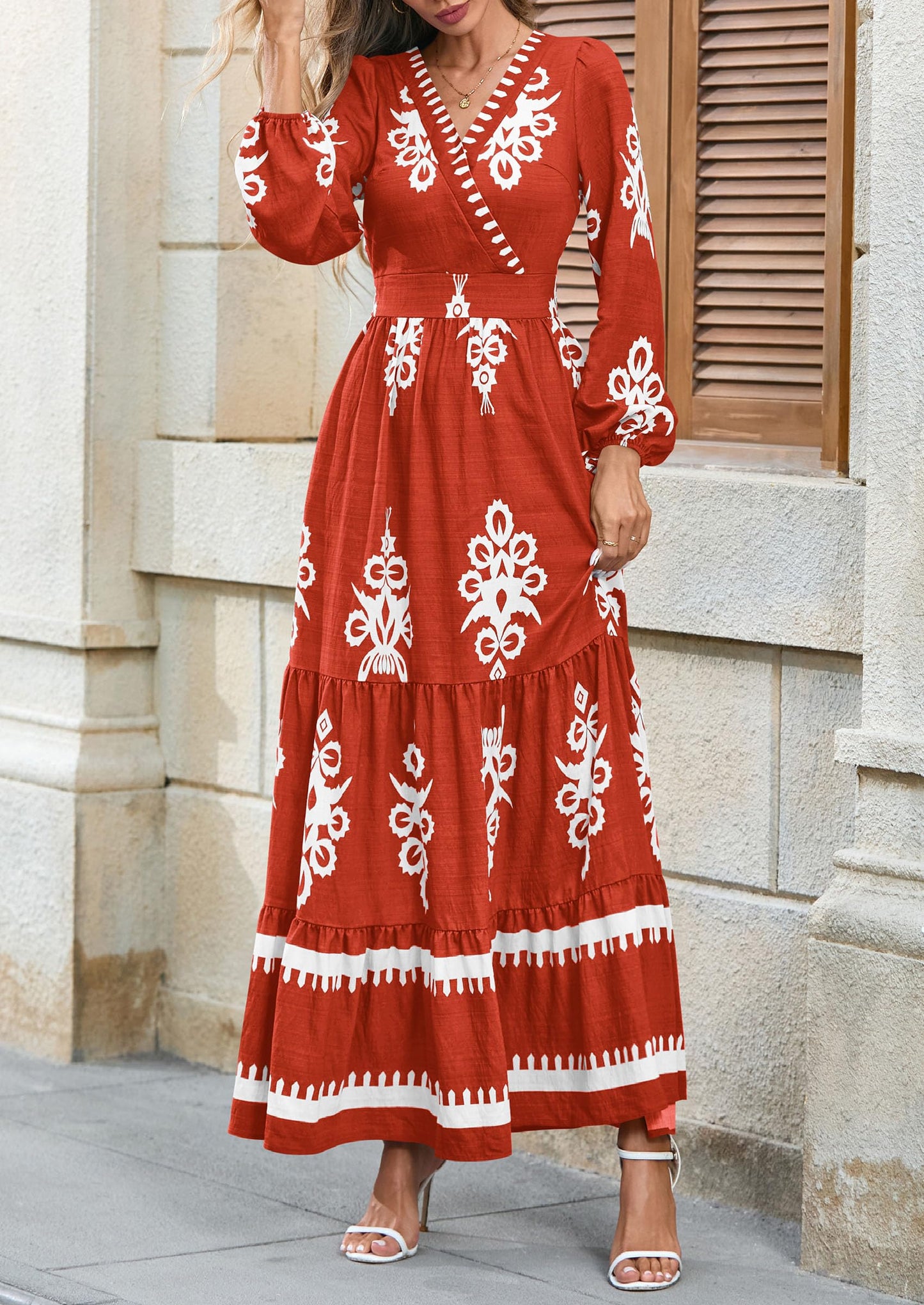 PRETTYGARDEN Women's 2025 Fall Wedding Guest Dresses Boho Floral Long Sleeve V Neck Flowy Elegant Maxi Dress Beach Clothes