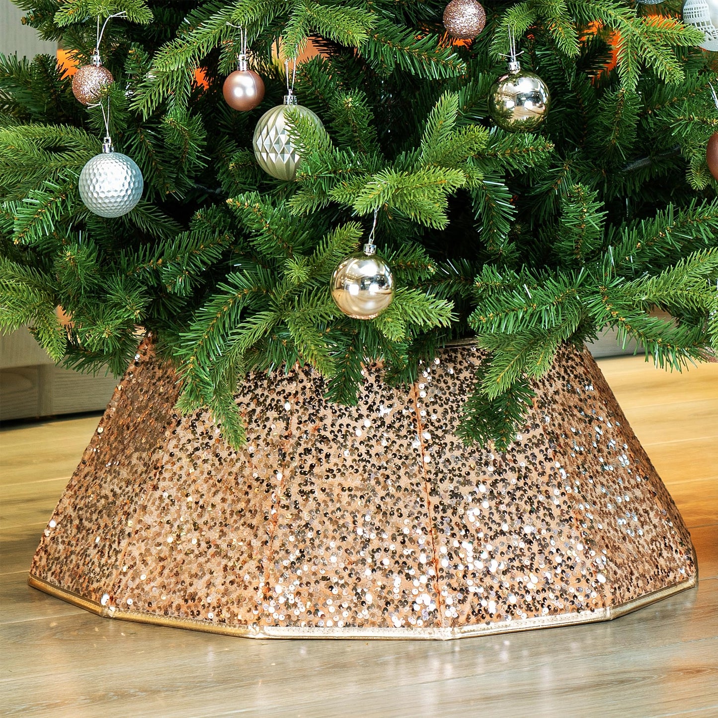 Blissun Sparkling Champagne Gold Christmas Tree Collar – Color Shifts with Light – 25.2″ Bottom / 14.9″ Top Foldable Base Cover