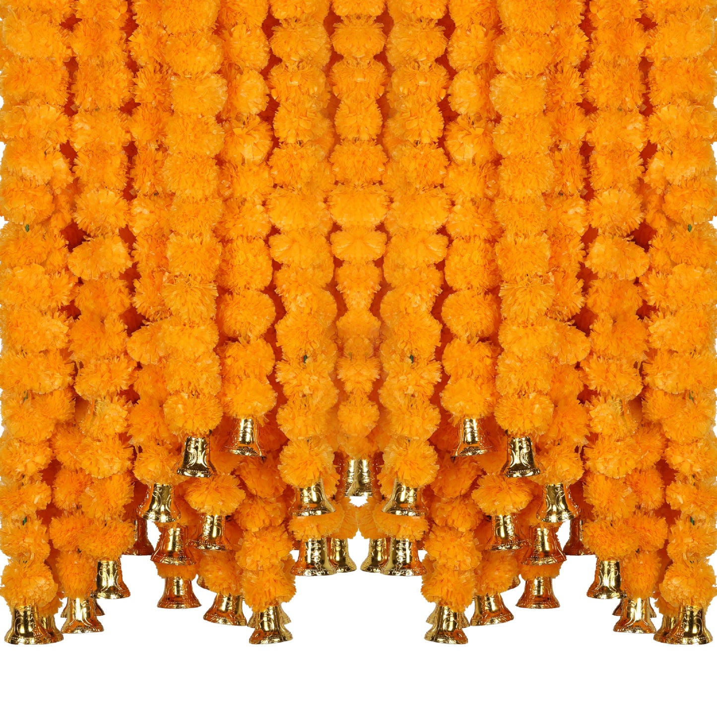 Marubhumi 5-PC Artificial Marigold Flower Garland – 4.5 Feet Long Strands with Bells | Mango Color | Diwali, Wedding, Home, and Christmas Décor