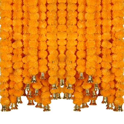 Marubhumi 5-PC Artificial Marigold Flower Garland – 4.5 Feet Long Strands with Bells | Mango Color | Diwali, Wedding, Home, and Christmas Décor