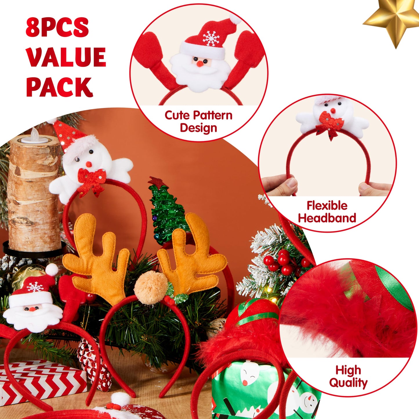 JOYIN 8 PCS Christmas Headbands Head Hat Toppers Costume Accessories for Kids Girls Boys Christmas Parties Xmas Holiday Party Favors Photo Booth