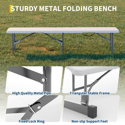 EliteEdge 6Ft Plastic Folding Bench, 2 Pack Portable Folding Bench, Foldable HDPE Waterproof Outdoor Benches with Carrying Handle Picnic Camping Sports Party Activities, White (White-2pc)