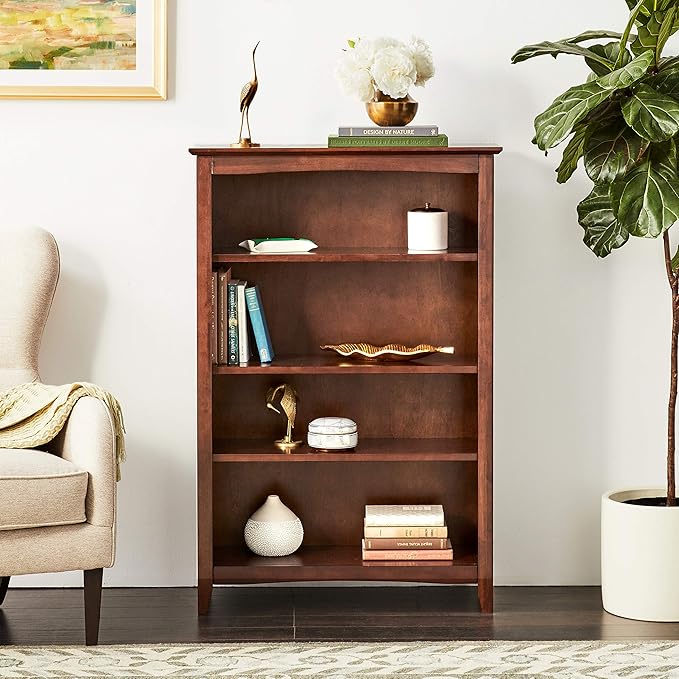 Solid Wood Bookcase 48" High, Adjustable Shelves, Parawood Construction