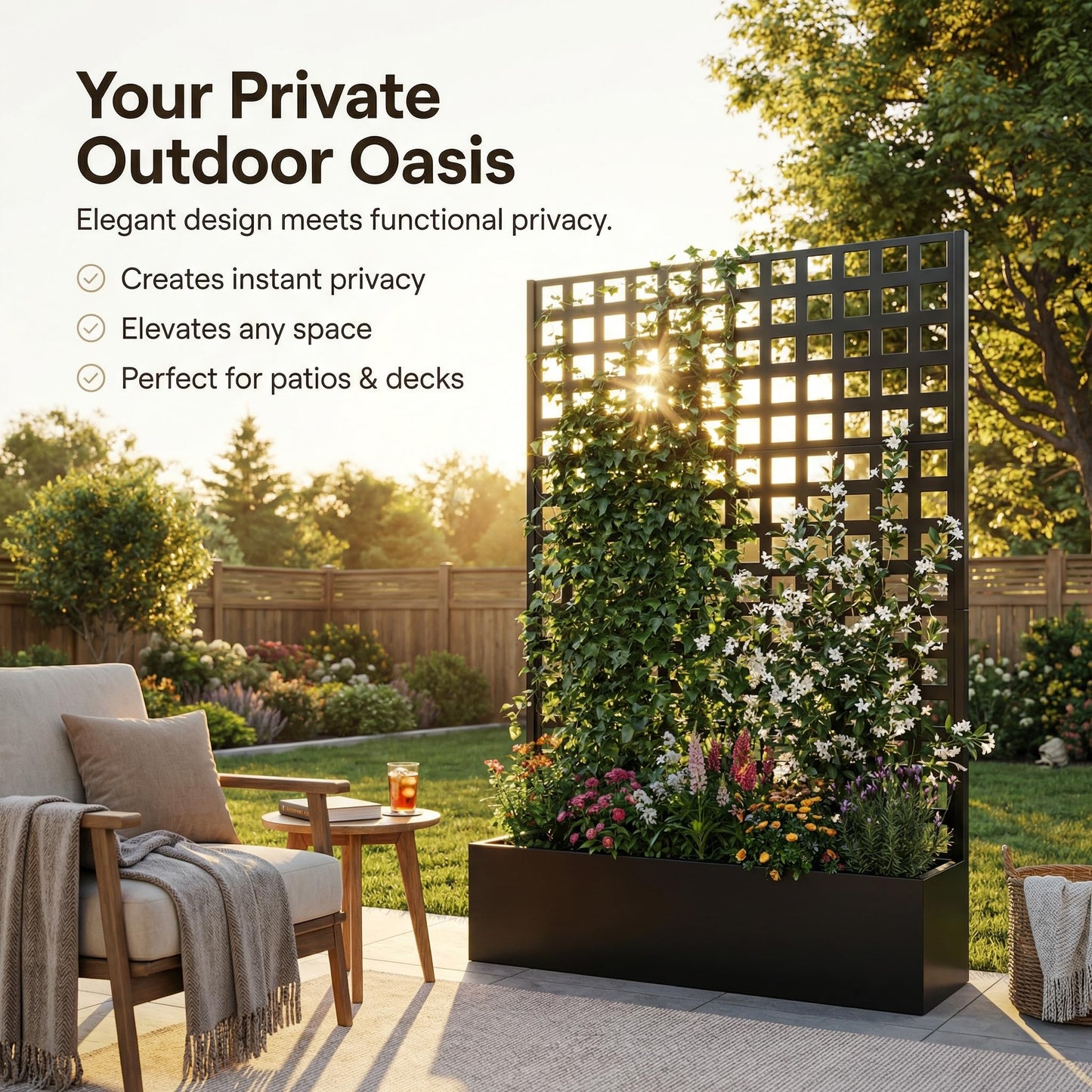 TABU Metal Planter Box with Trellis, 71"x47"x16" Galvanized Steel Raised Garden Bed with Privacy Screen, Multi-Functional Outdoor Standing Planter with Drainage Holes for Climbing Plants, Black