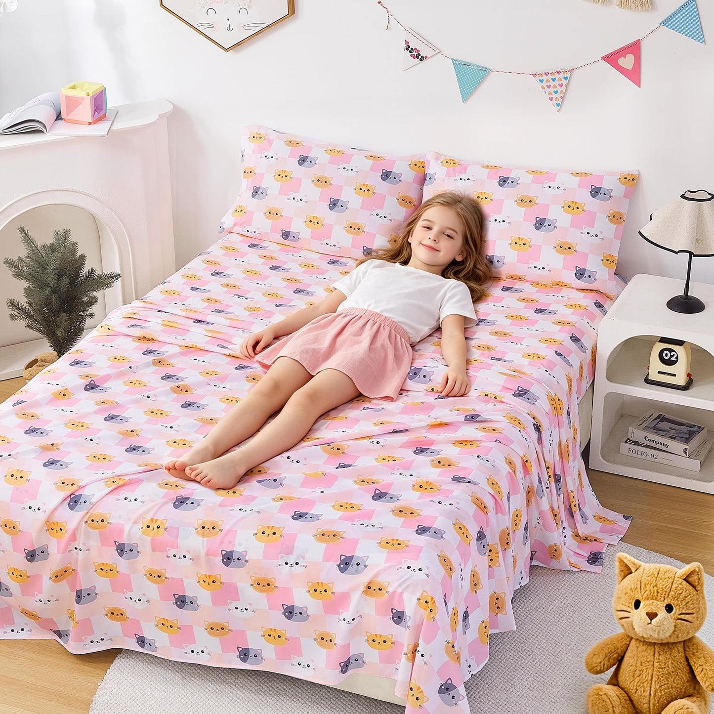 CozySmile Full Sheet Set Kids,4 Pieces Breathable Soft Microfiber Bedsheets for Child Girls, Oeko-TEX, Anti Pilling Deep Pockets Easy Care Bed Sheets, Cat Plaid