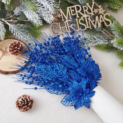 24 Pack Christmas Tree Ornaments - Artificial Flowers Glitter Berry Stems Christmas Floral Picks Branches for Xmas Tree Decorations Vase Filler Holiday Wedding Party Home Decor (Blue)