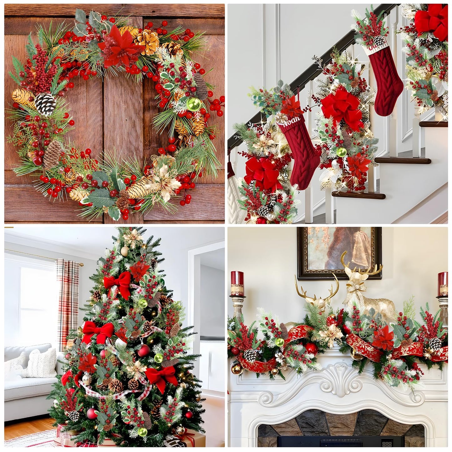 Morofme 8pcs Pines Cones Red Berry Stems Picks Christmas Pinecones Berry Faux Red Holly Berry Pine Cones Christmas Picks and Sprays Picks Artificial Pine Branches Holly Stem for Holiday Wreath Garland