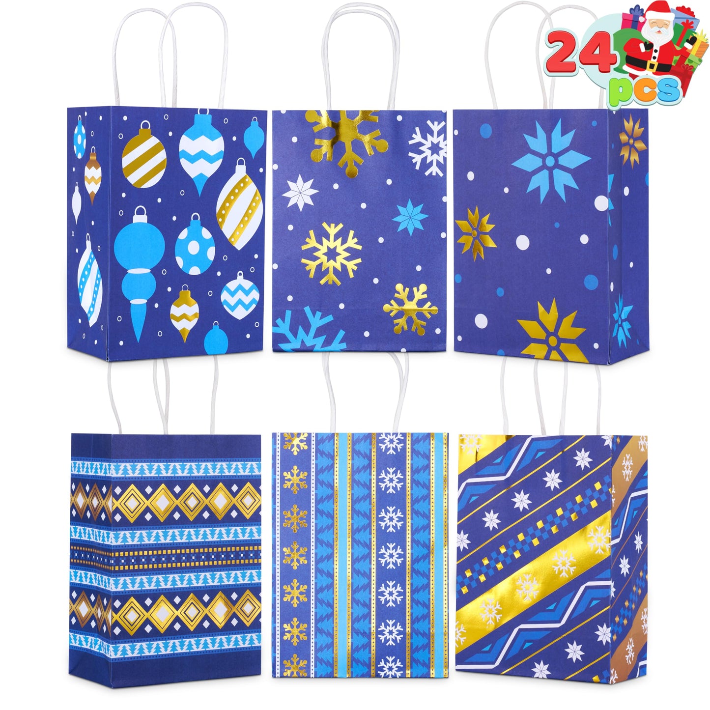 JOYIN 24 PCS Christmas Kraft Gift Bags Xmas Holiday Present Wrapping Paper Goody Bags with Handles for Classrooms and Wedding Decor, Party Favors and Decor Supplies (Blue, 8.27" x 5.91" x 3.15")