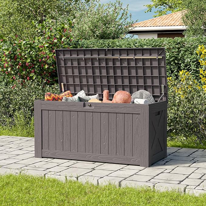 Patiowell 120 Gallon Large Deck Box, Outdoor Lockable Storage Box for Gardening Tools, Waterproof Deck Box for Patio Furniture, Brown