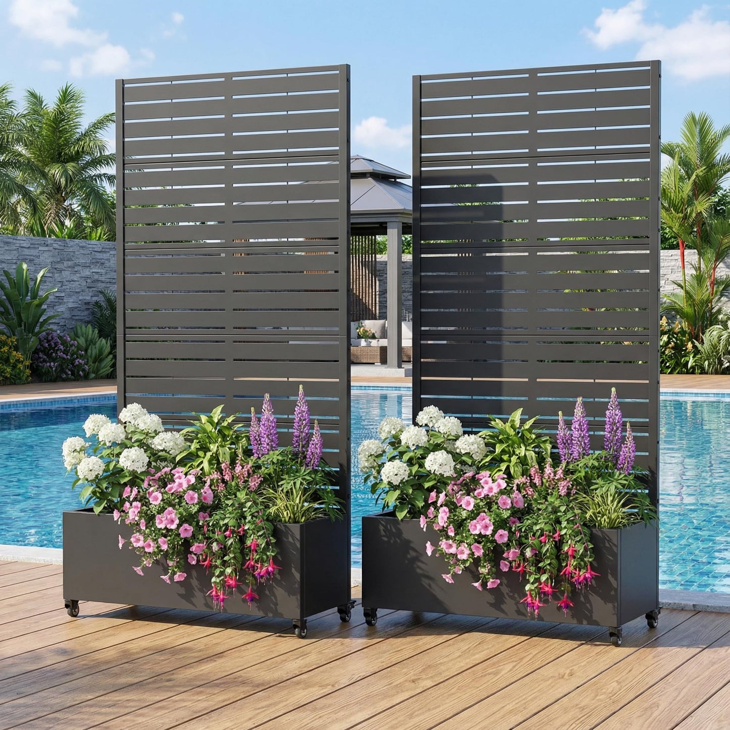 Casaphoria 72"x35" Metal Raised Garden Bed with Trellis(2 Pack), Outdoor Planter Box with Wheels & Drainage Holes for Climbing Plants, Flowers, Elevated Garden Kit with Privacy Screen, Black-Louvered