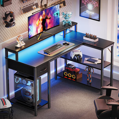 SUPERJARE 47 inch Reversible L Shaped Desk with LED Lights & Power Outlets, Computer Desk with Shelves & Monitor Stand, Gaming Desk with Drawer, Home Office Desk Corner Desk, Black