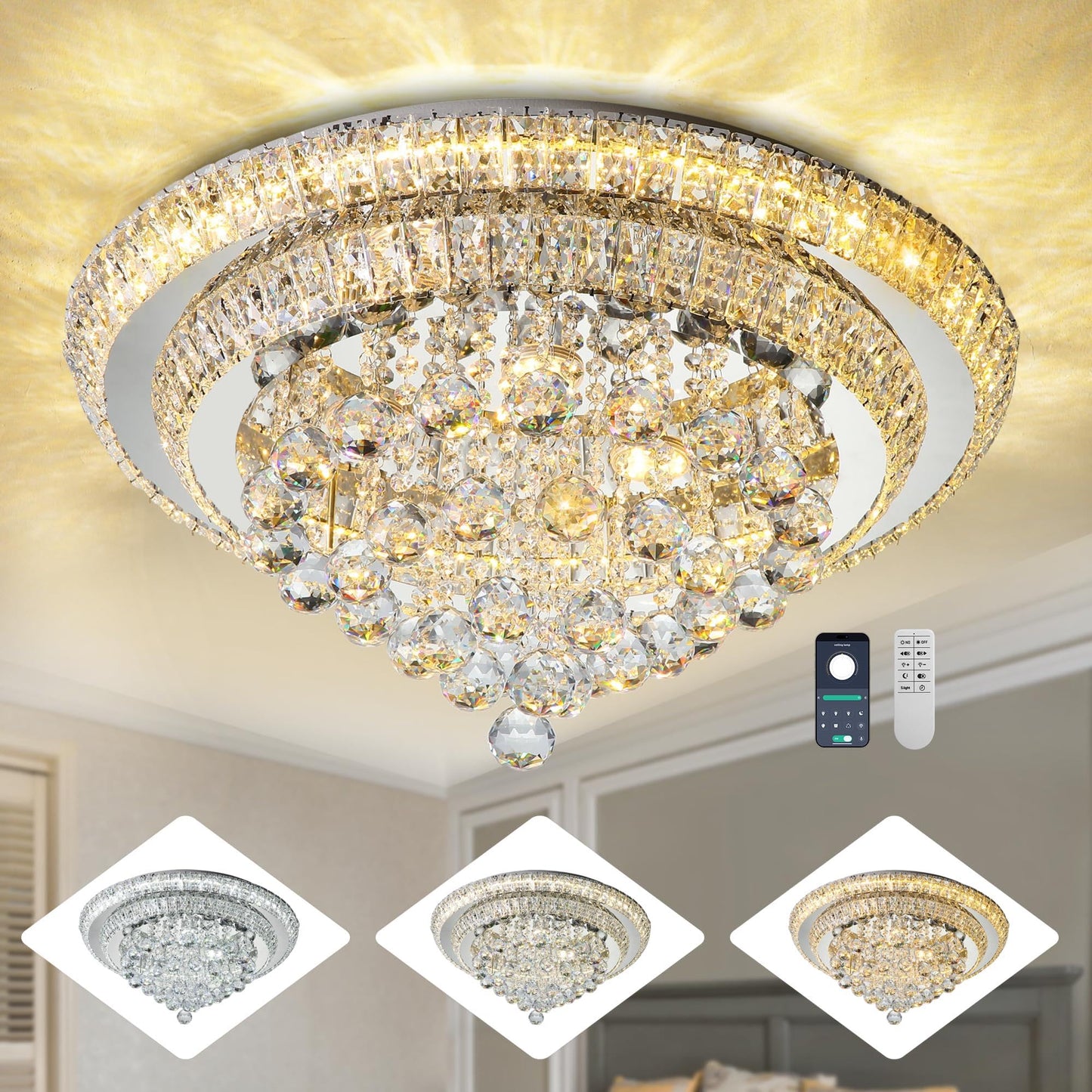 Miuyhji Elegant LED Crystal Raindrop Ceiling Light, 24" Flush Mount Chandelier Light Fixture with Remote Control for Living Room, Kitchen, Island, Bedroom, Hallway Entryway Foyer(Dimmable)