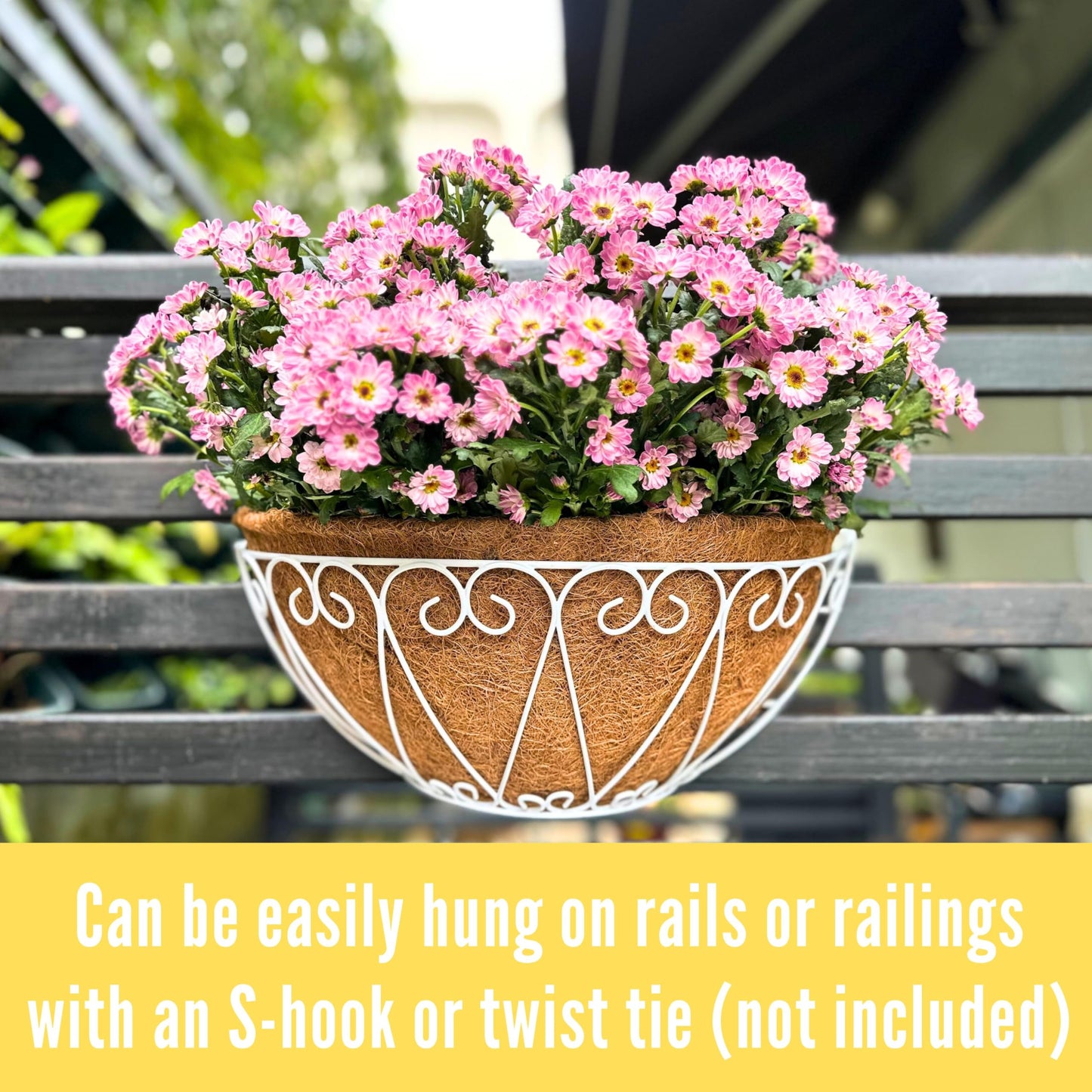LaLaGreen Outdoor Wall Planters (2 Pack, 14 Inch) White Metal Wall Mounted Hanging Basket with Coco Liner, Semi-Circle Flower Pot Plant Holder for Fence Railing Deck Porch Balcony French Garden Decor