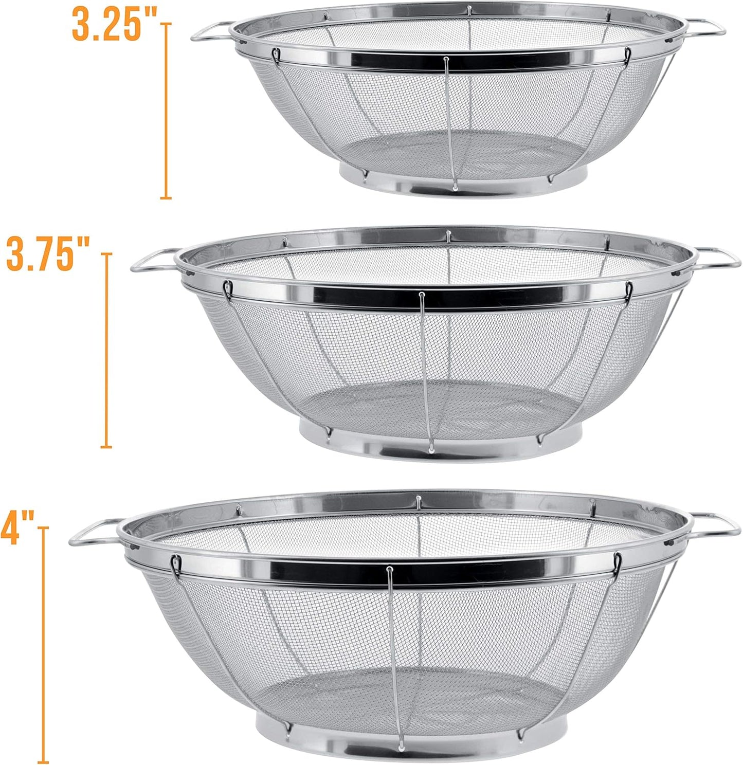 U.S. Kitchen Supply Set of 3 Stainless Steel Colander Strainers Net Baskets 5, 4, & 3-Quart - Colander with Handles & Resting Base - Stainless Steel Sieve, Mesh Strainers and Colanders for Kitchen
