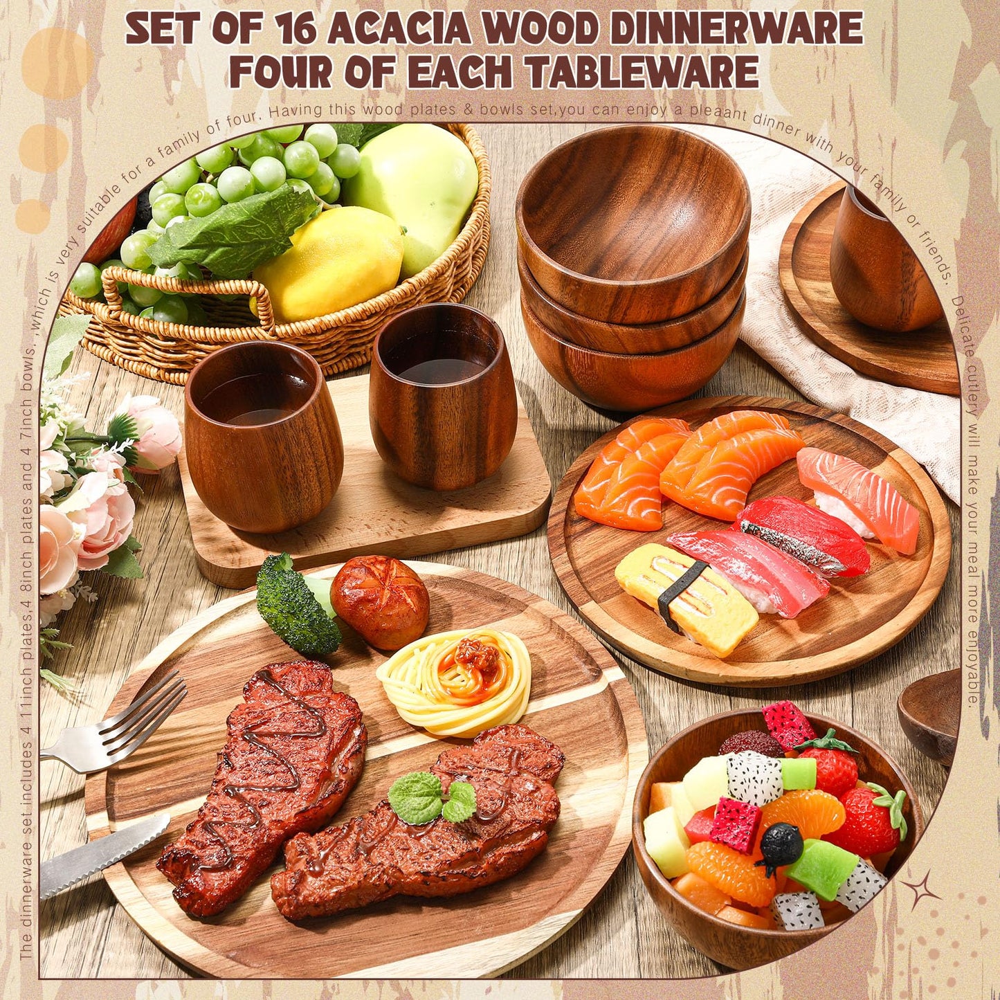 Maxdot 24 Pcs Acacia Wood Dinnerware Set, Round Wooden Plates, Solid Wooden Bowls and Tea Cups, Acacia Wood Tableware Supplies, Lightweight for Dishes Snack, Dessert, Set for 4