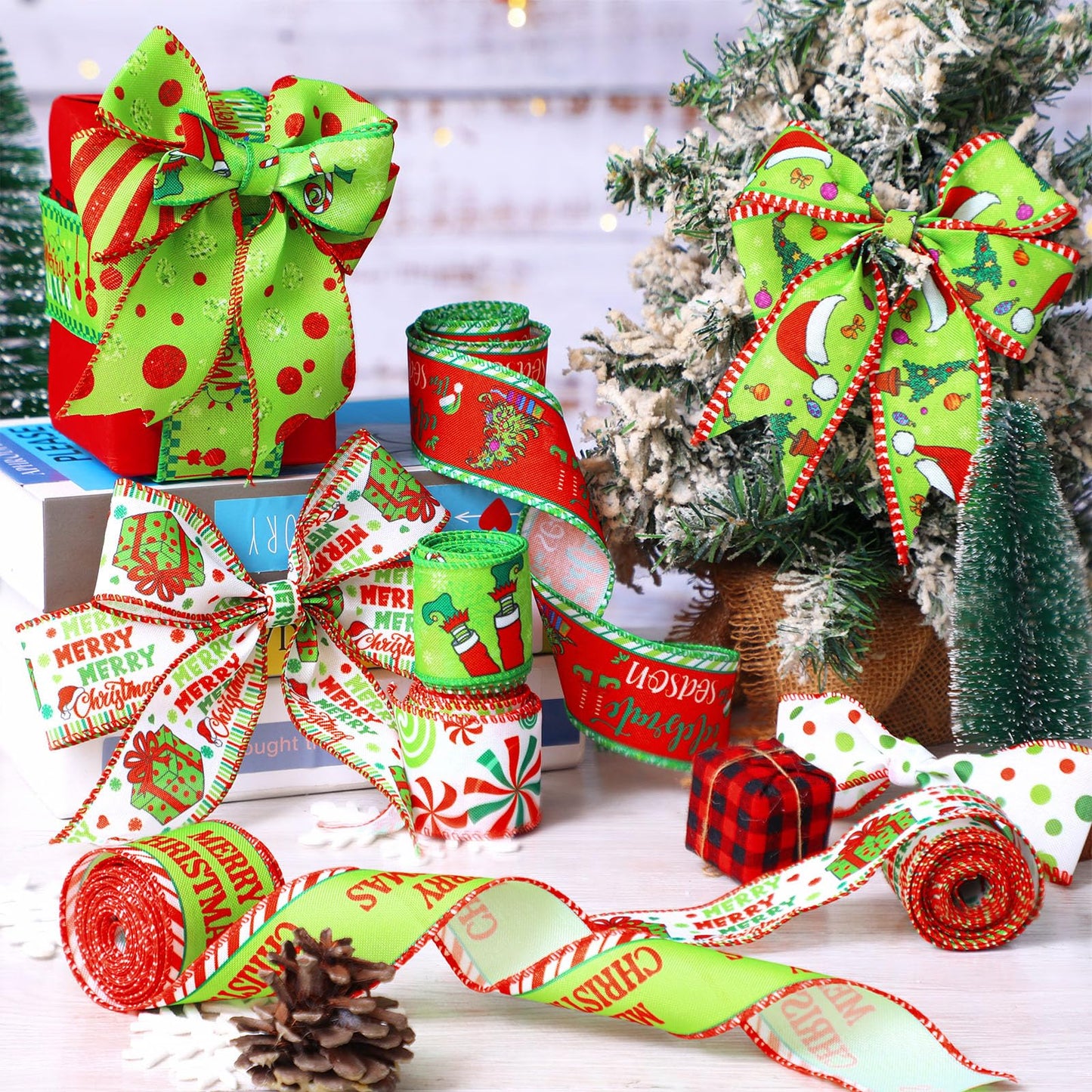 Chunful 12 Rolls Green Christmas Wired Edge Ribbon 2 Inch 60 Yards Red and Green Strip Dot Burlap Ribbon Crafts Fabric Decorative for Gift Wrapping Hair Bow Sewing Wreath Supplies