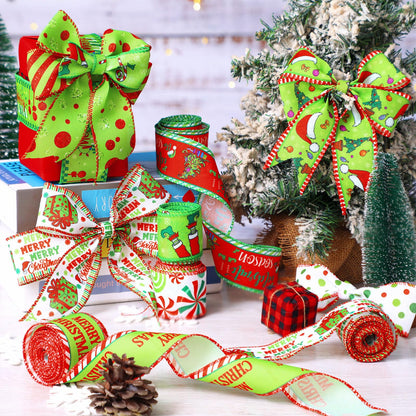 Chunful 12 Rolls Green Christmas Wired Edge Ribbon 2 Inch 60 Yards Red and Green Strip Dot Burlap Ribbon Crafts Fabric Decorative for Gift Wrapping Hair Bow Sewing Wreath Supplies