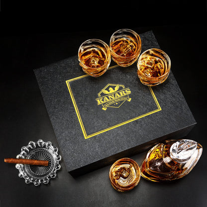 KANARS Whiskey Decanter Set - 25 Oz Crystal Liquor Decanter Carafe with 4 Rock Glasses 9 Oz For Bourbon, Scotch, Vodka, Rum or Whisky - Gift for Men Dad Husband Brother Adult Groomsmen - 5 Piece