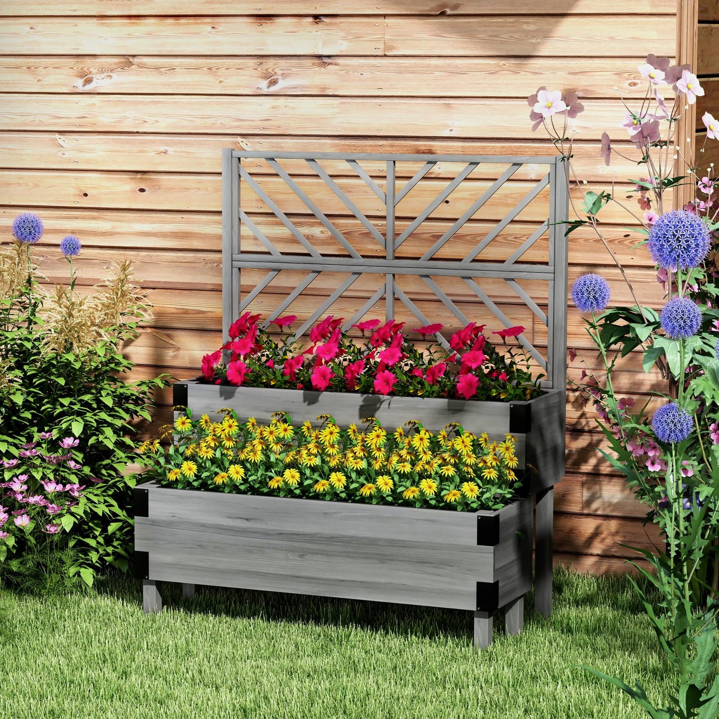 Outsunny 2-Tier Raised Garden Bed with Trellis, Wooden Elevated Planter Box with Drainage Holes, Liners, Metal Corners, Trellis Planter for Climbing Plants, Flowers, Herbs, 42.5" x 25.5" x 55", Gray