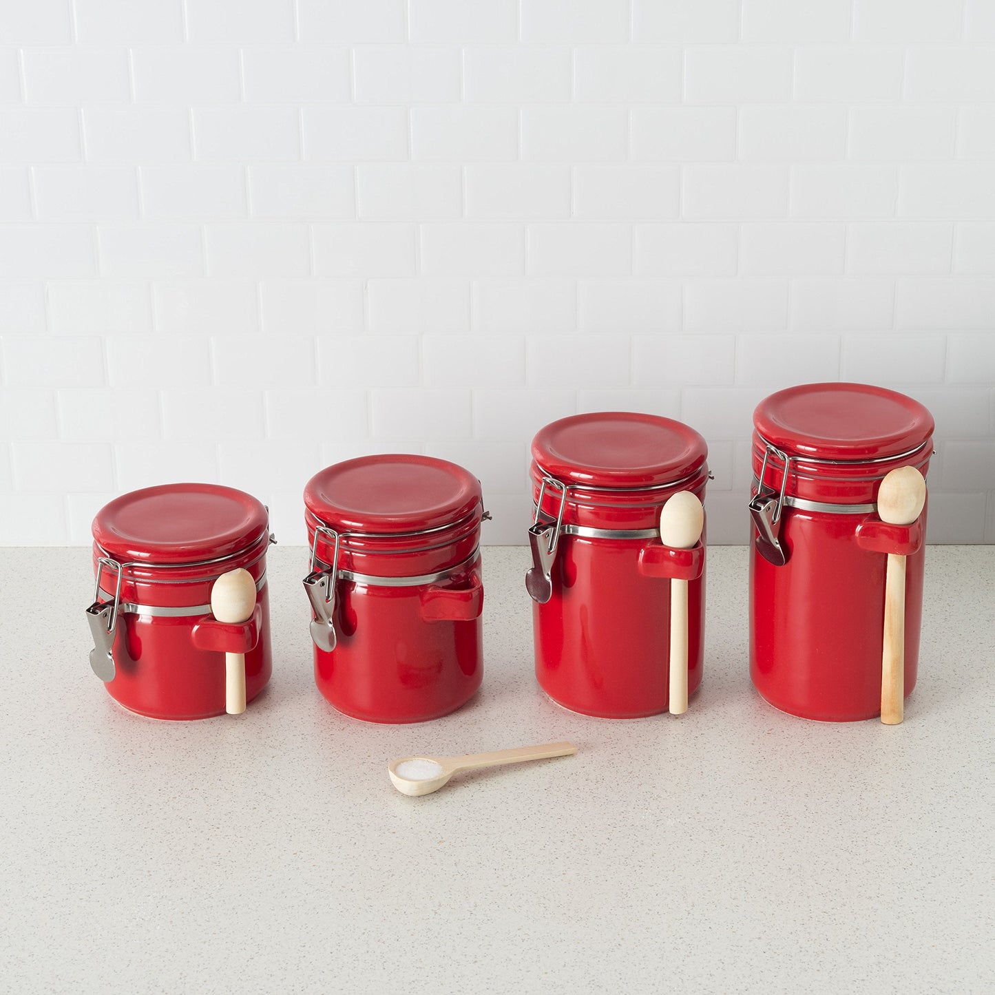 Canister Sets For The Kitchen (4 Piece Set) Red, High Gloss Ceramic | By Home Basics | Decorative | With Wooden Spoons, Countertop Set For Flour, Sugar, Coffee, and Snacks