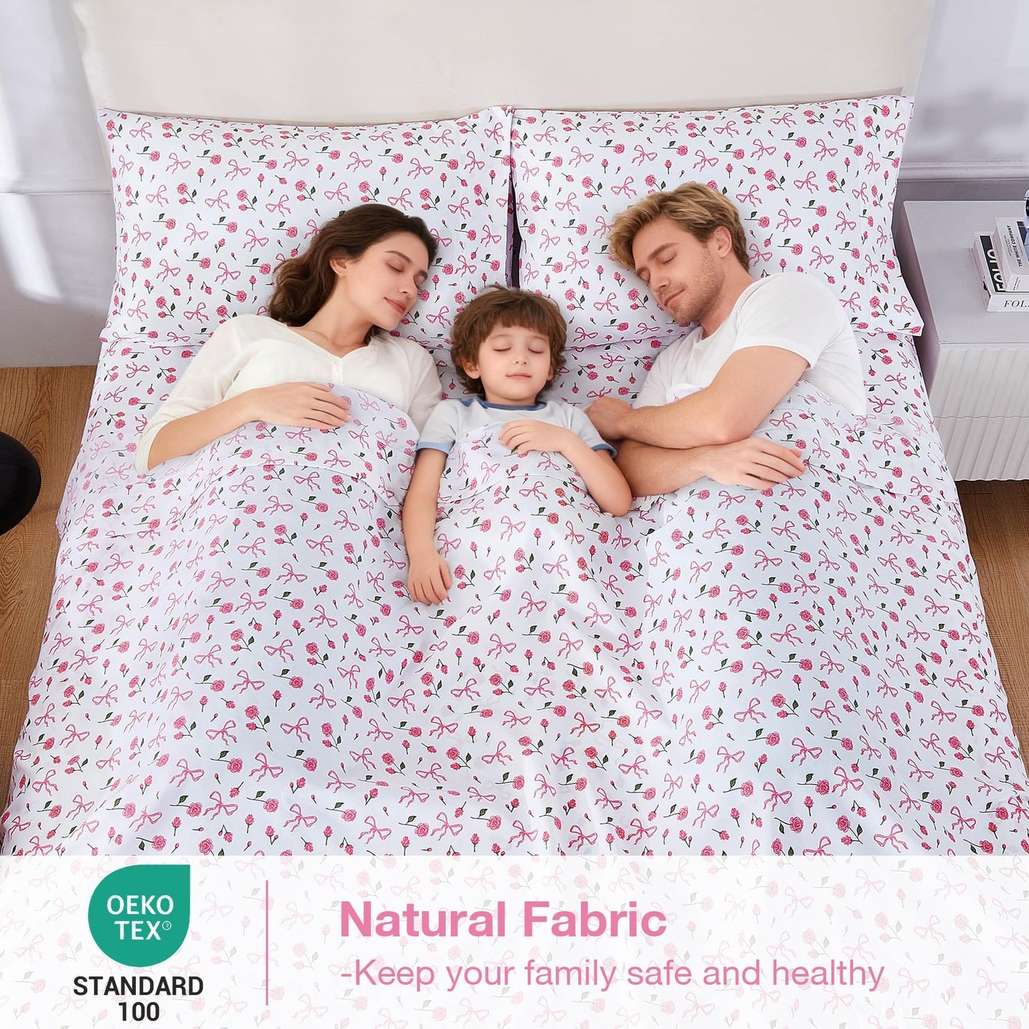 Softan Pink Floral King Bed Sheets, Cozy Microfiber Flower Printed Sheets with 15" Deep Pocket Fitted Sheet & Non-Slip Straps, Patterned Pink Rose - Bow Sheets & Pillowcase Set