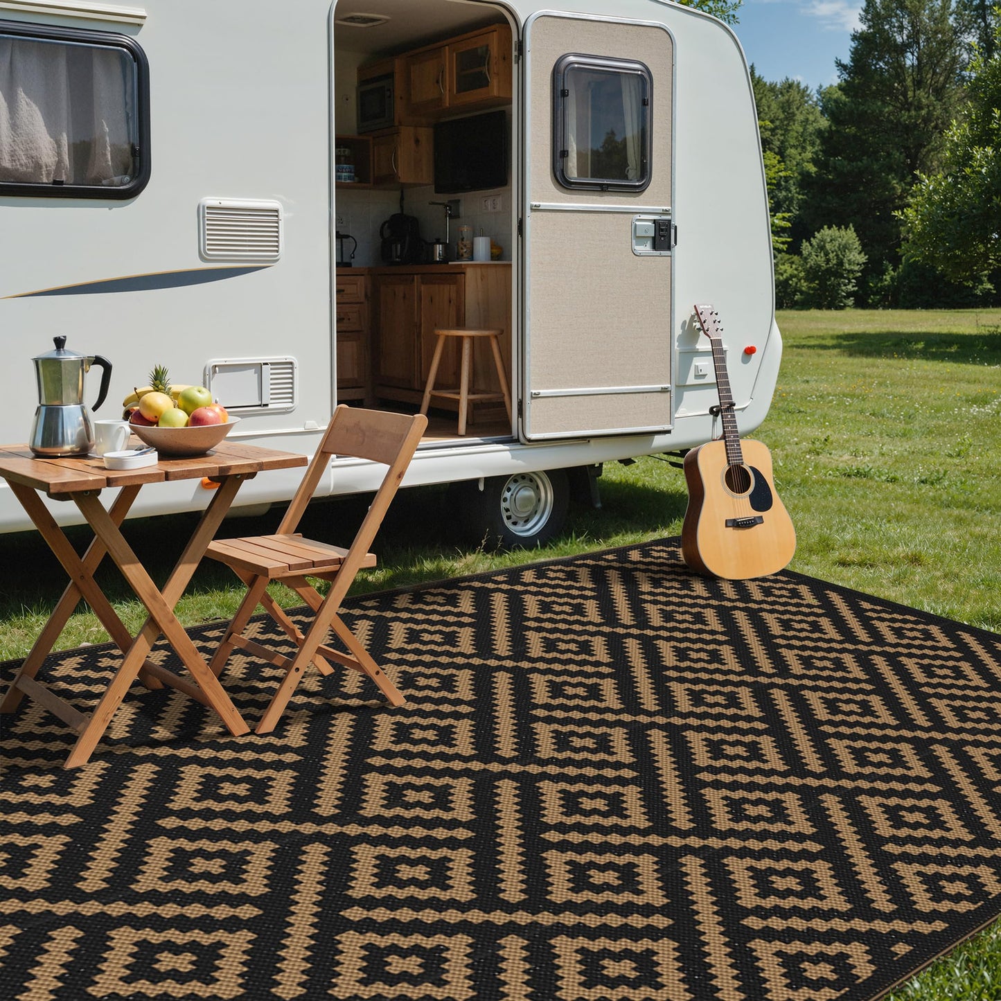 sarben Outdoor Rug for Patio - Waterproof Plastic Straw Camping Rugs 8x16 ft, Reversible Outdoor Indoor RV Mat Carpet for Patio, Porch, Deck, Balcony, Picnic, Beach, Black Brown