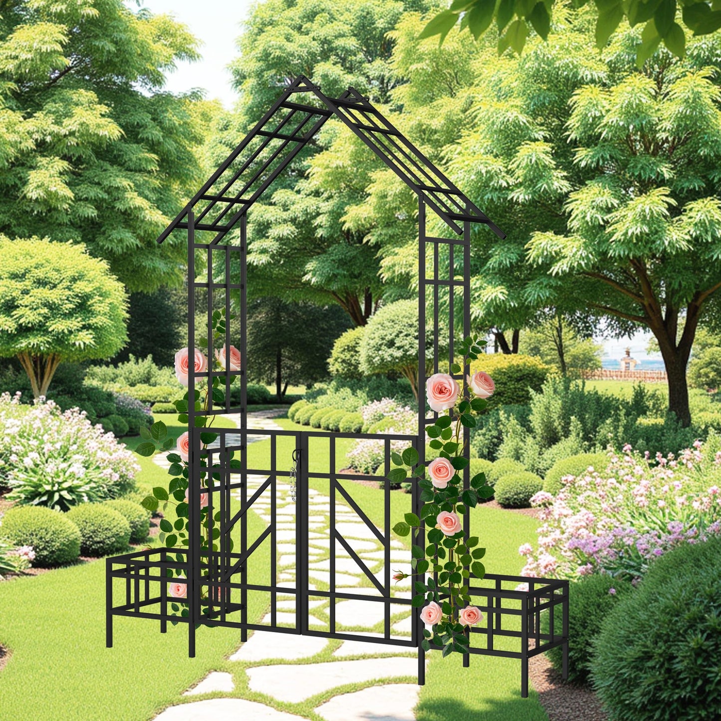 Metal Garden Arbor Arch with Gate and Plant Box, 97“ H Garden Trellis Wedding Arch Party Decoration for Outdoor Lawn Climbing Plants Support Roses Vines (Black Line)
