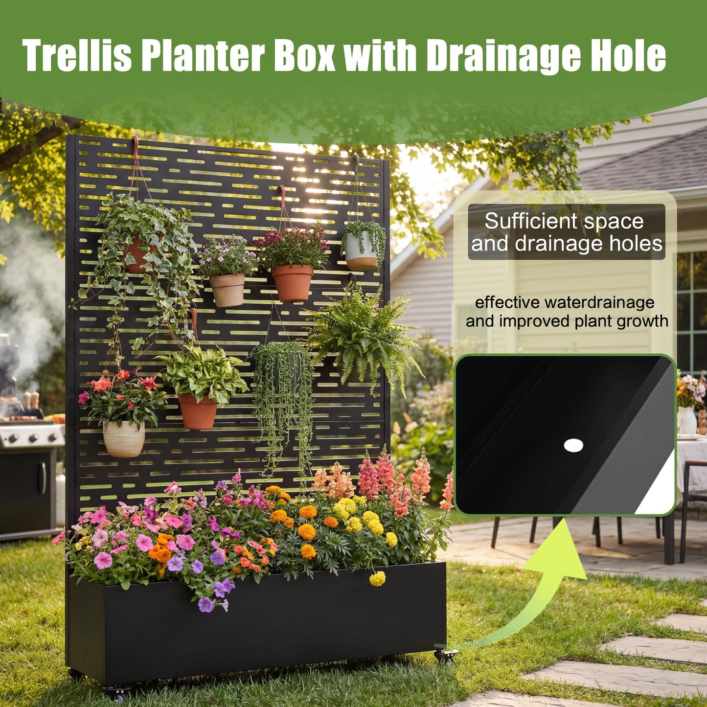 Amacv Metal Raised Garden Bed with Wheels and Trellis,73"x47"x16" Planter Box for Climbing Plants, Vegetables & Vines, Features Privacy Screen and Drainage Holes