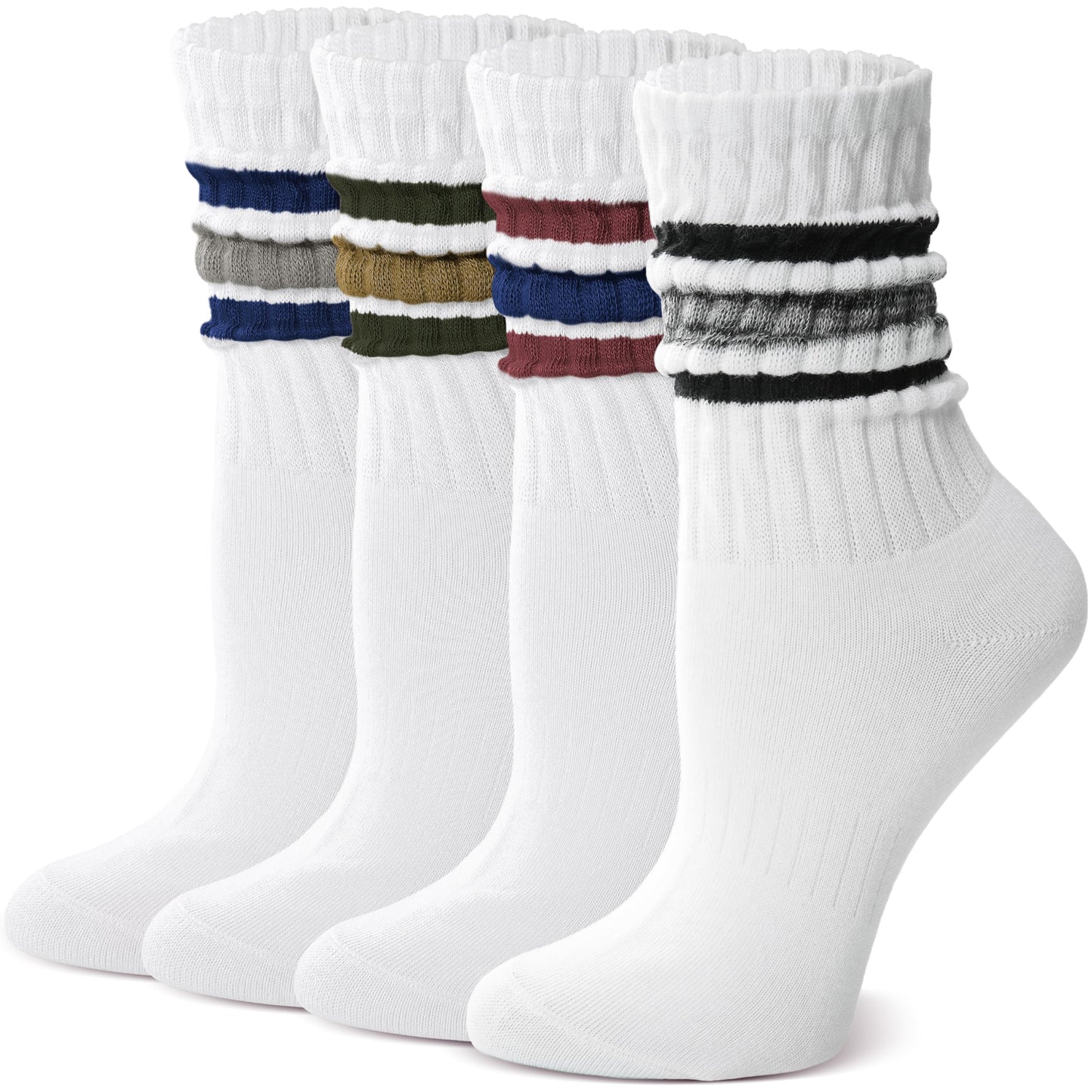 MOSEY KOSY Slouch Cotton Socks, Scrunch Fashion Colorful Soft Breathable Crew Calf for Women and Men, 4 Pairs(Black Striped,M)