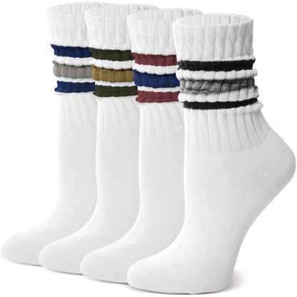 MOSEY KOSY Slouch Cotton Socks, Scrunch Fashion Colorful Soft Breathable Crew Calf for Women and Men, 4 Pairs(Black Striped,M)