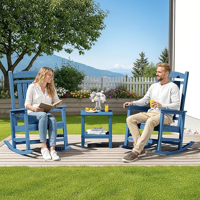 SERWALL Rocking Chairs Set of 2, HDPE Outdoor Rocking Chair, All-Weather Porch Rockers for Patio, Blue