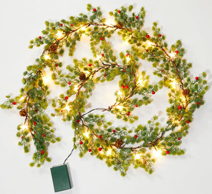 Brightown Christmas Garland with Lights, Battery Operated, 6 Ft 20 LED Lighted Pine Leaves Garland Decorated with Pine Cones, Berry, Indoor & Outdoor Christmas Lights for Mantle Stairs Wall, 2 Pack