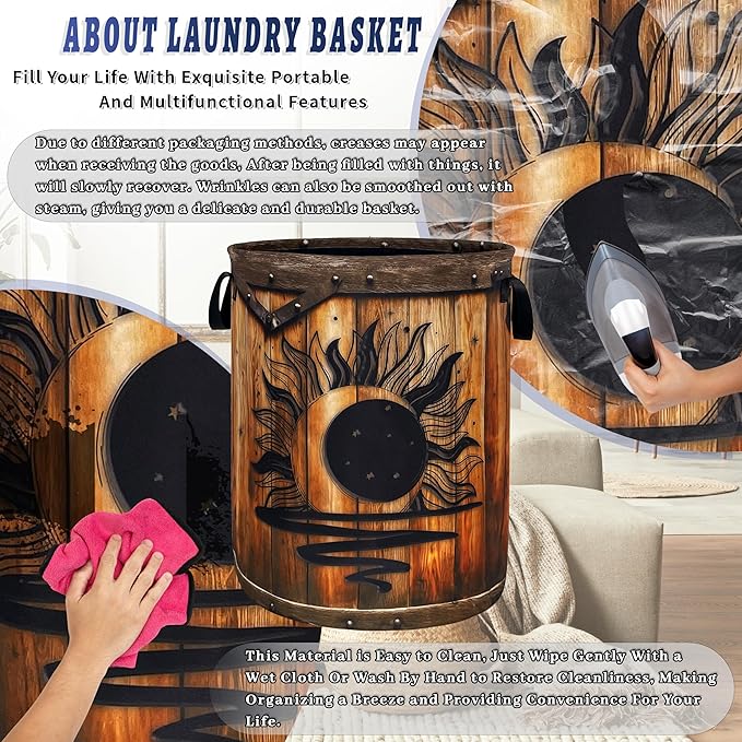 Moon Laundry Basket Oxford Cloth Vintage Stars Wooden Sun Laundry Hamper