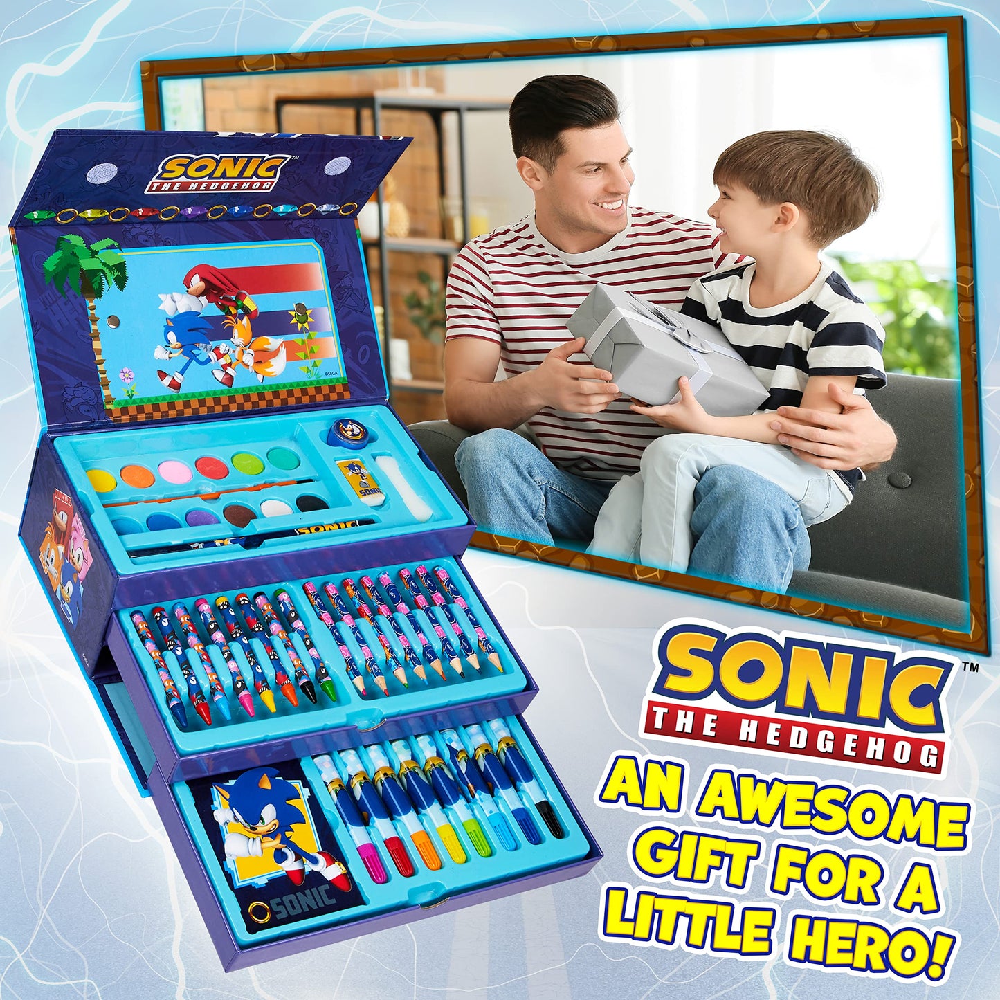 Sonic The Hedgehog Art Set for Girls Boys Colouring Sets for Children 40 Plus Pieces Travel Set Carrying Handle Painting Sets for Children Art Supplies Gifts for Boys