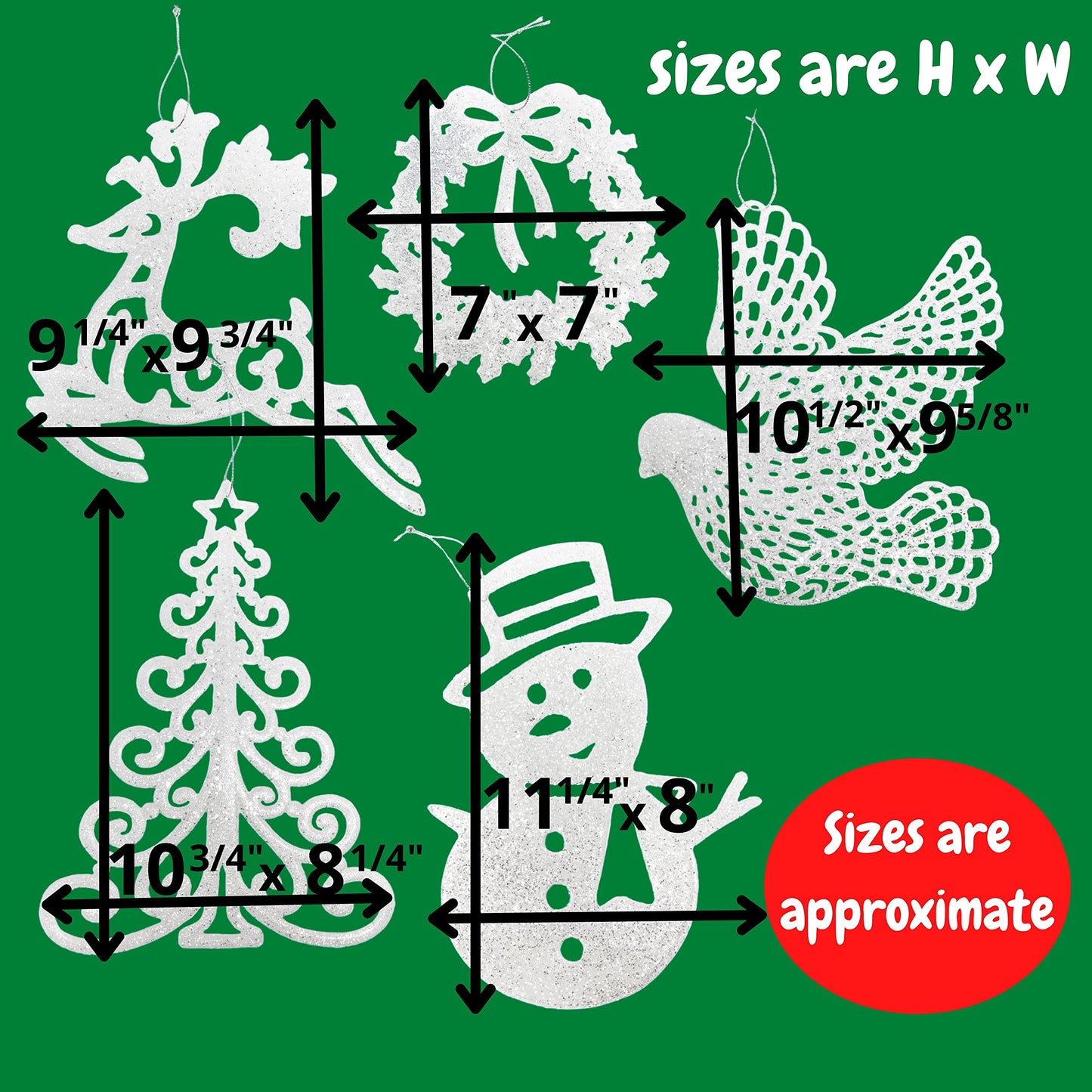 White Christmas Tree Ornaments Set of 5 – Large Glittered Holiday Decorations with Snowman, Reindeer, Dove, Wreath & Christmas Tree – 9” Shatterproof Hanging Ornaments for Winter & Farmhouse Décor