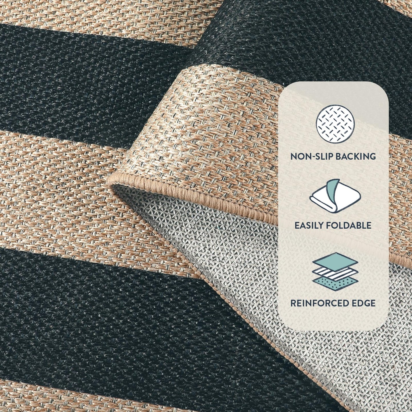 Lahome Elance Striped Easy Jute Dining Room Rug, 6x9 Indoor Outdoor Rugs for Patio Living Room, Farmhouse Neutral Non Slip Low Pile Black Carpet for Bedroom Office Backyard Classroom