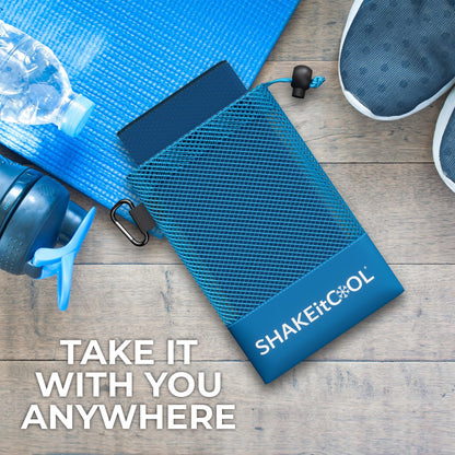 SHAKEitCOOL Extended Size Cooling Towel – Be Cool in Style - Heat Relief, Soft, Lightweight, Sun Protection, Easy Clean - Perfect for Biking, Hiking, Running, Yoga, Golf, Gardening - Blue M